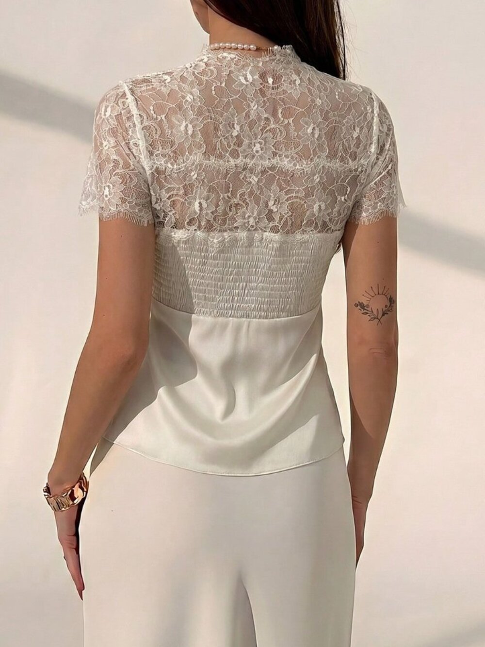 Apricot Sexy Women's Lace Patchwork Sheer Short Sleeve Blouse - Picture 2 of 4